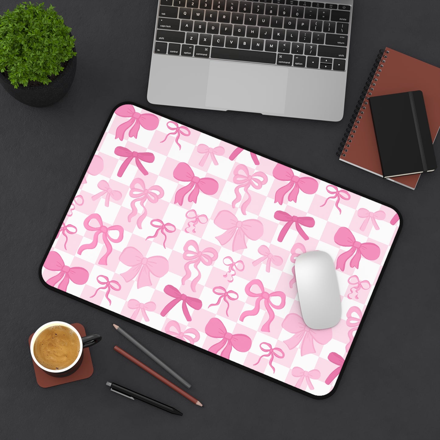 Checkered Pink Bows Desk Mat