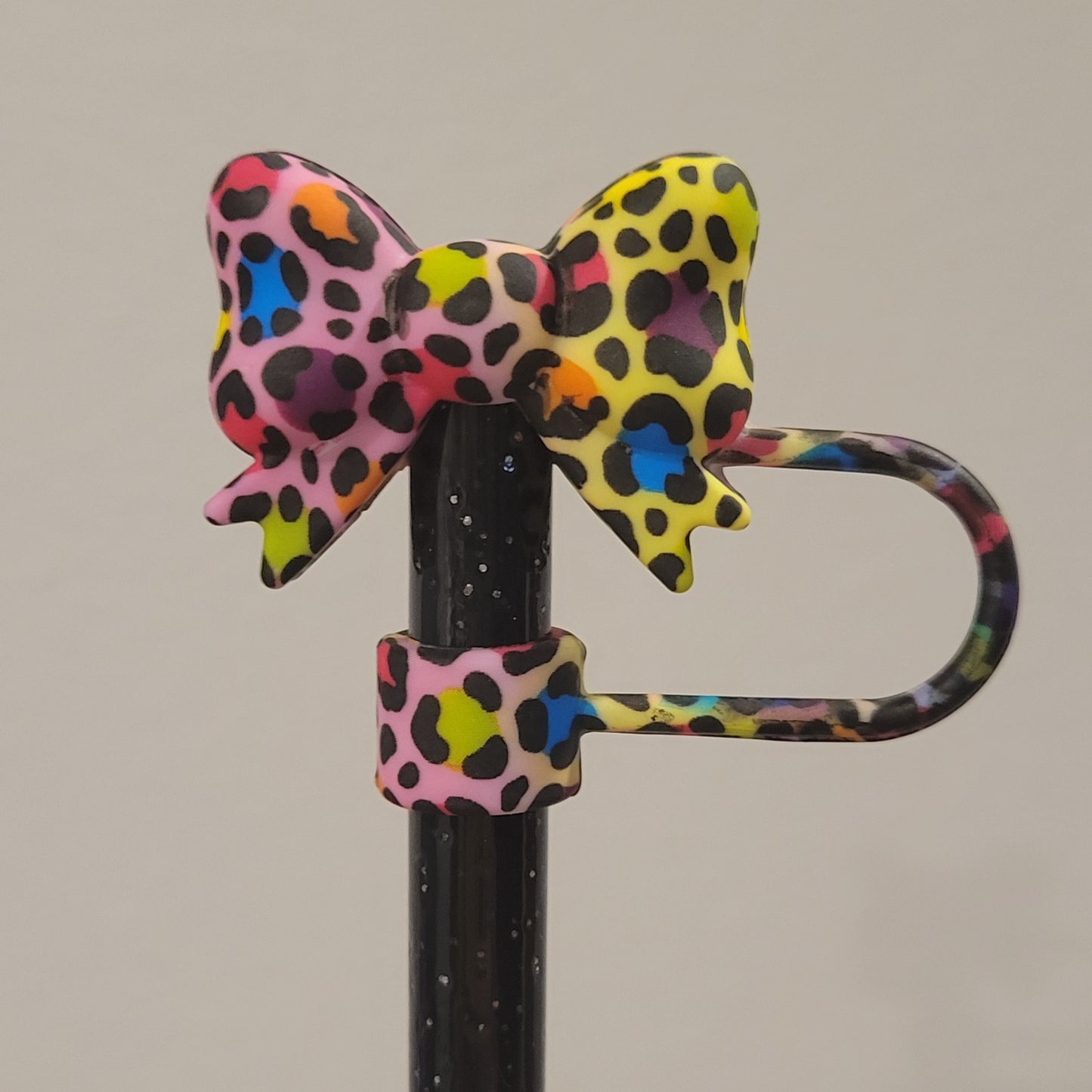 Straw Toppers - Neon Leopard Bow