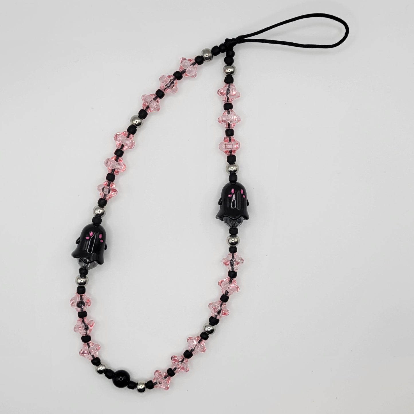 Wrist Straps - Black Ghosties (pink glass beads)