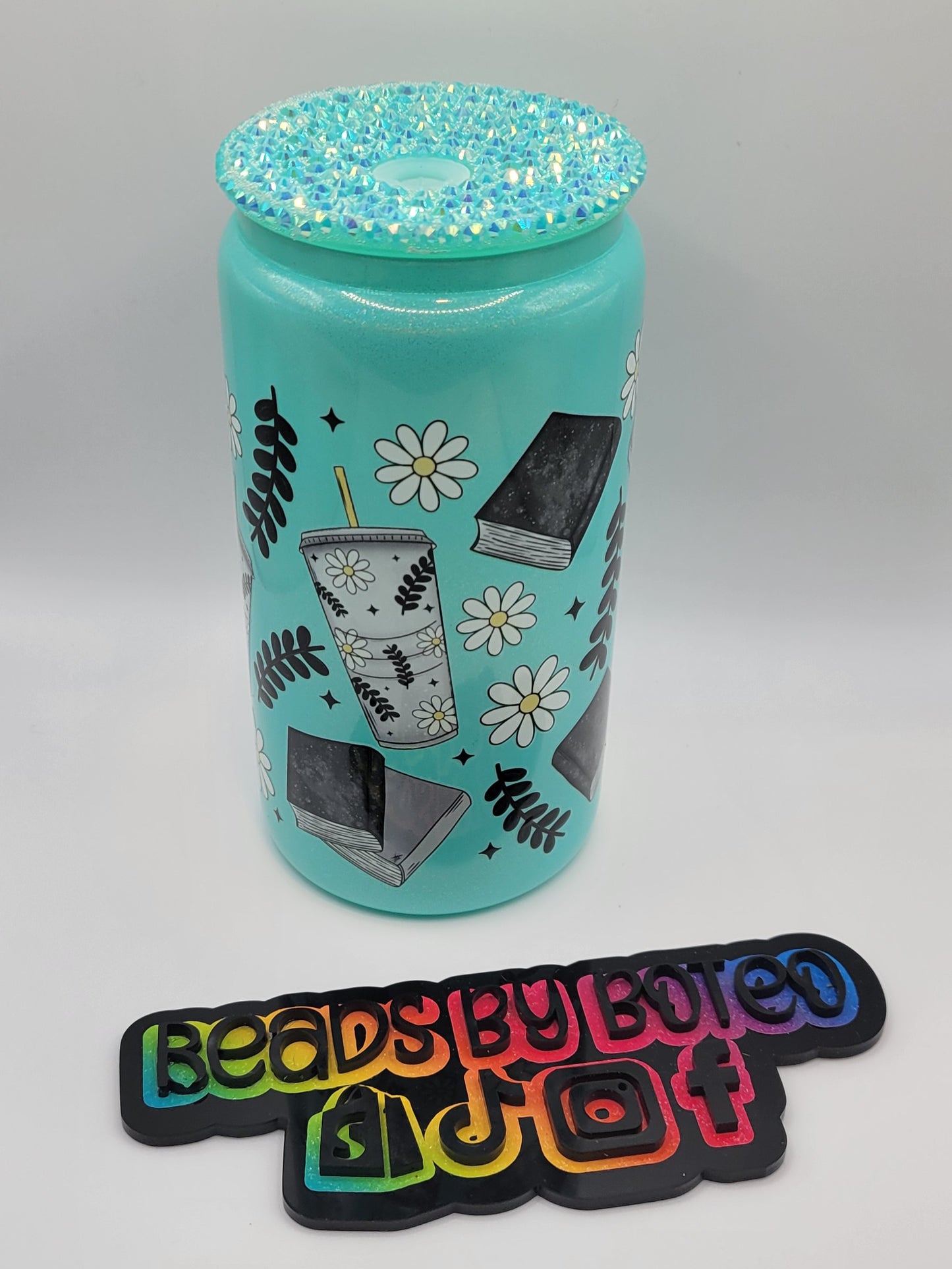 Glass Cans - Iced Coffee, Daisies, and Books (Blue)