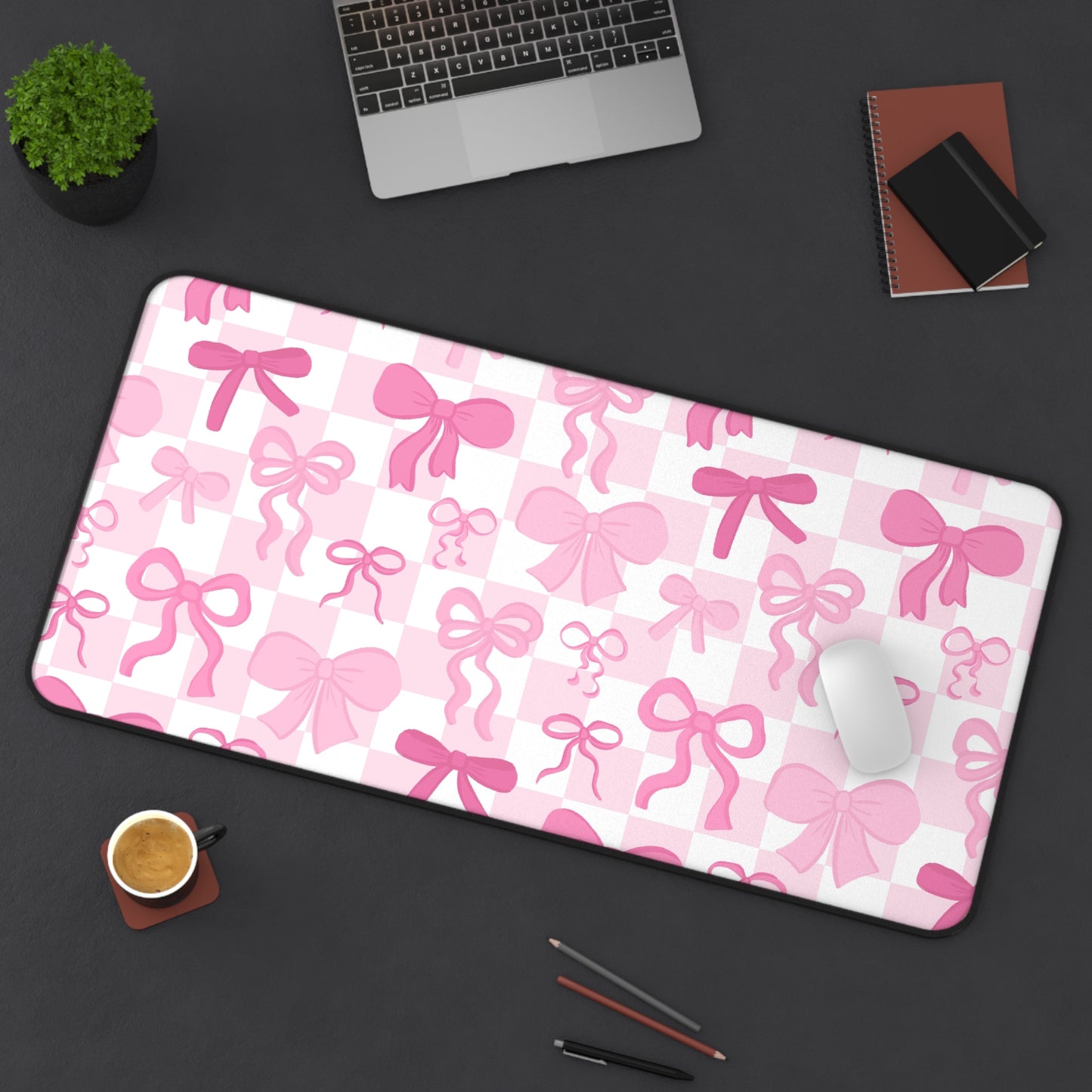 Checkered Pink Bows Desk Mat