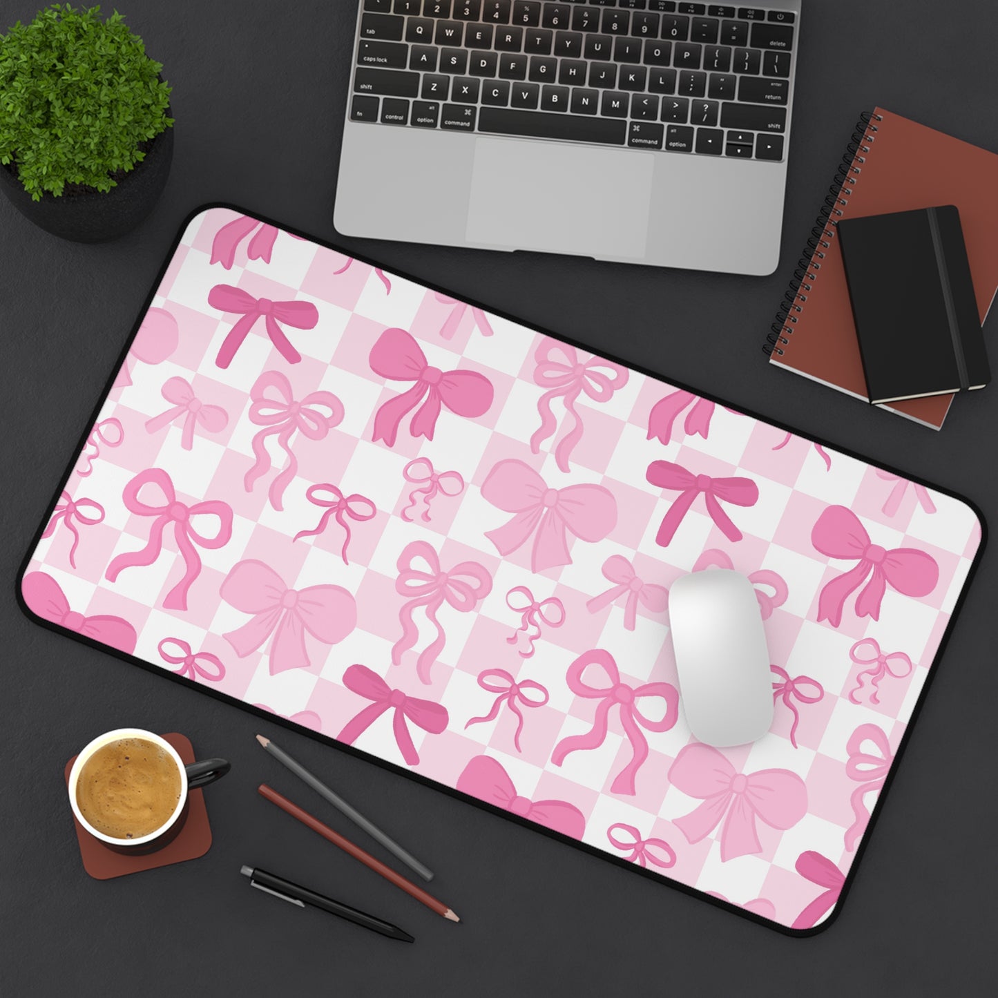 Checkered Pink Bows Desk Mat