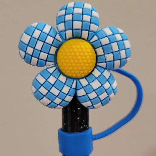 Straw Toppers - Checkered Blue Flower