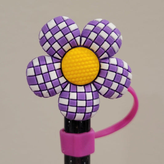 Straw Toppers - Checkered Purple Flower