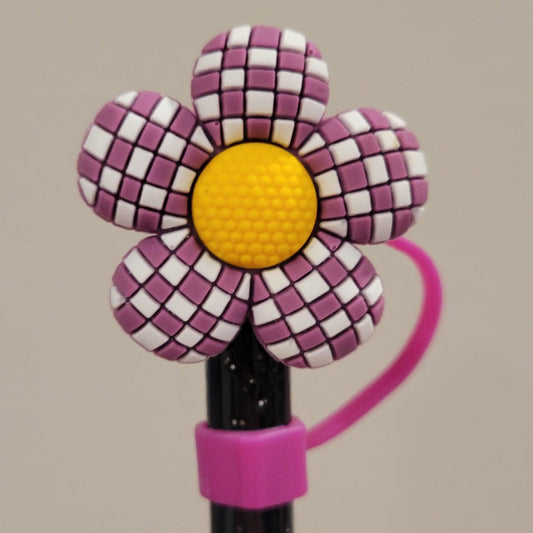 Straw Toppers - Checkered Magenta Flower